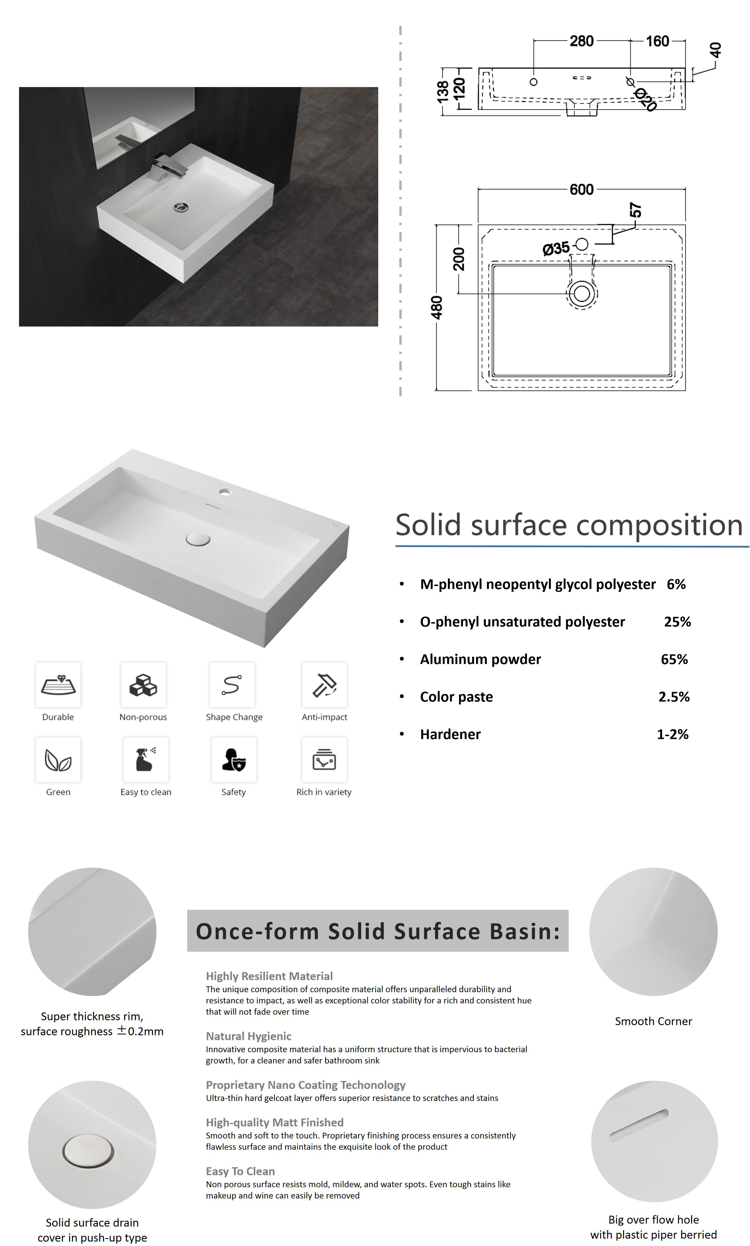 Solid Surface Wall-mount Basin In Matt White Rectangular - Tenne Basin